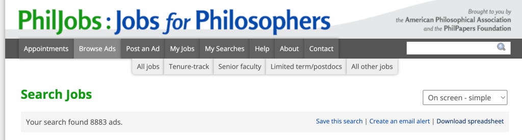 PhilJobs.org homepage after a search including expired ads.